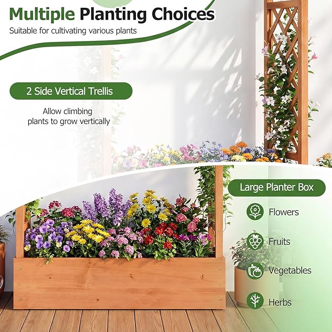 HAPPYGRILL Raised Garden Bed with Trellis &amp Hanging Roof 45 Tall Wooden Planter Box with Drainage Holes Outdoor Wood Elevated Garden Bed for Climbing Plants Vines Vegetables Flowers (Orange2)