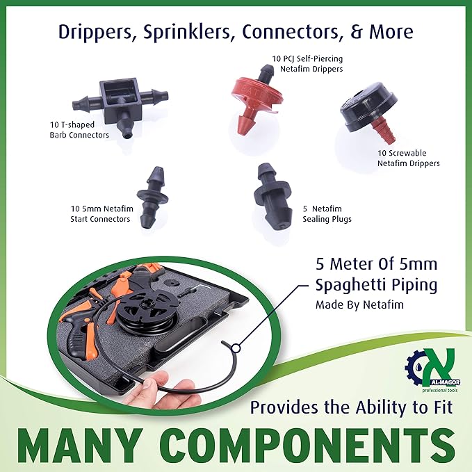 Al-Magor Garden Irrigation Kit: Complete Set for Installing Inserting Sprinklers Drippers in PE Tube Pipes with Tools Plugs Connectors and Case