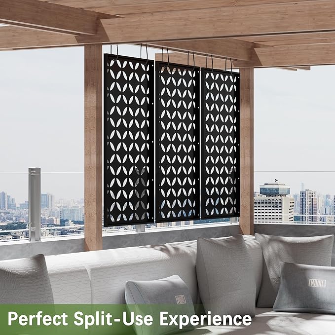 Cofar Metal Privacy Screen Outdoor 72 H×44 W -Black Freestanding Outdoor Privacy Panels with Stand Decorative Fence for Patio Deck Balcony（Clover）