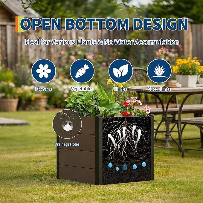 GarveeLife 25 x 25x 23 Wood Look Raised Garden Bed with Bottom Outdoor Planter Box for Vegetables &amp Herbs Durable Composite Deep Root Bed for Vegetables Flowers in Backyard Patio