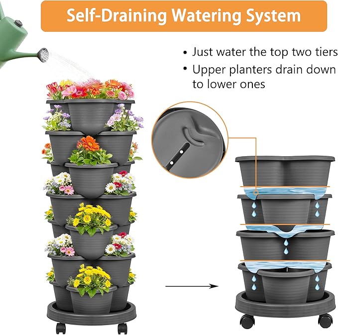 VECELO 7 Tier Vertical Garden Planter Self Watering Stackable Planters with Wheels for Strawberries Herbs Flowers Vegetables Dark Gray
