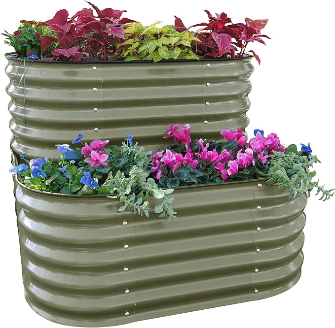 Vego garden Cascading Raised Garden Planter Box Outdoor Metal Galvanized Gardening Bed for Vegetables Herb &amp Flower Olive Green