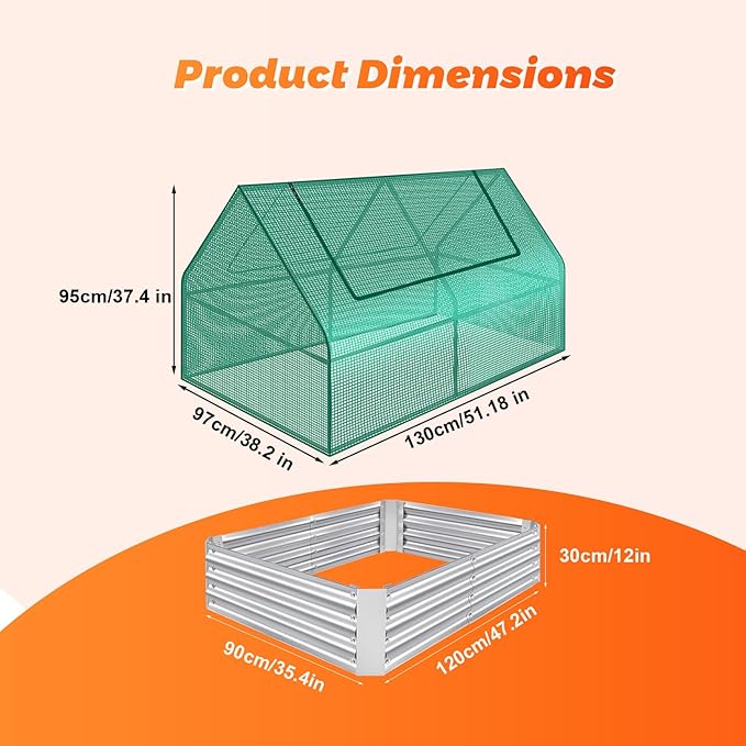 Raised Garden Bed with Cover with 2 Large Screen Windows Mini GreenhouseGalvanized Raised Garden Bed (Small--47.2*35.4*36 in)