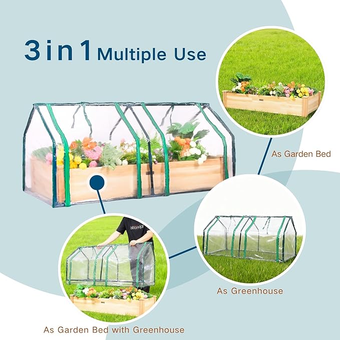 4x2ft Raised Garden Bed with Greenhouse CoverWooden Planter Box with Clear PVC Cover &amp Dual Roll-Up WindowsOutdoor Elevated Garden Box for Vegetables/Herbs/FlowersPatioBalconyBackyard