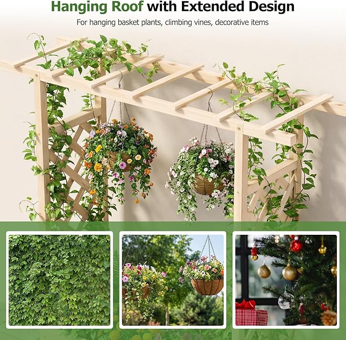 HAPPYGRILL Raised Garden Bed with Trellis &amp Hanging Roof 45 Tall Wooden Planter Box with Drainage Holes Outdoor Wood Elevated Garden Bed for Climbing Plants Vines Vegetables Flowers (Natural1)