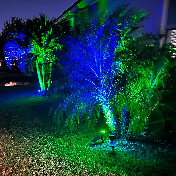 T-SUNUS Color Changing 7 LED Solar Spotlights &amp 4 LED Blue Solar Lights IP65 Waterproof Security Light Landscape Light Auto-on/Off Wall Light Angle Adjustable for TreePatioYardGardenDriveway