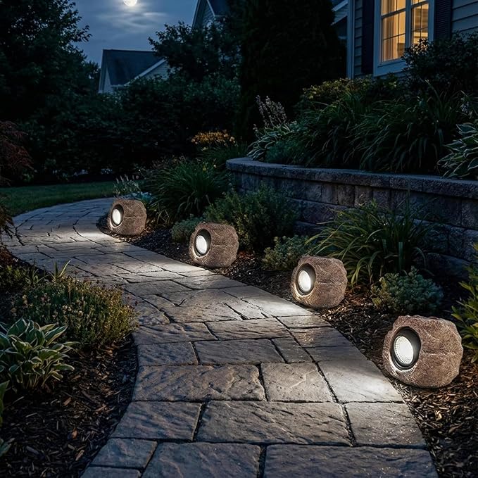 Solar Garden Rock Lights Outdoor - IP65 LED Waterproof Solar Spotlight Solar Powered Landscape Lights Decorative Garden Stone Light for Pathway Walkway Yard Patio (4 Pack)