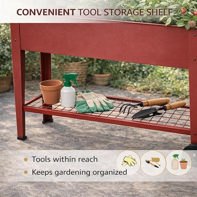 InSideOut Elevated 40 Raised Garden Bed Outdoor with Wheels &amp Shelf for Mobility Metal Planter Box for Vegetables/Herbs Patio-Balcony-Backyard (Red)