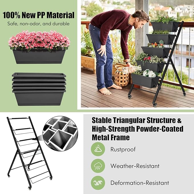 HAPPYGRILL Vertical Raised Garden Bed 5-Layer Freestanding Garden Planter with Drainage Holes Container Boxes Elevated Planter Box for Herb Vegetable Flower Growing Dark Grey