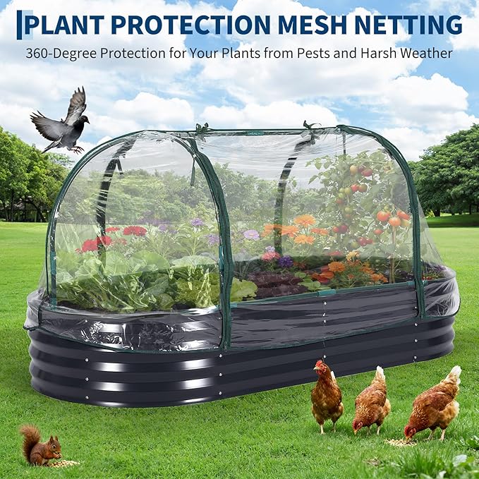 Raised Garden Bed with Cover Galvanized Oval Planter Garden Box Outdoor for Gardening Vegetables Flowers 6X3X1 ft Gray