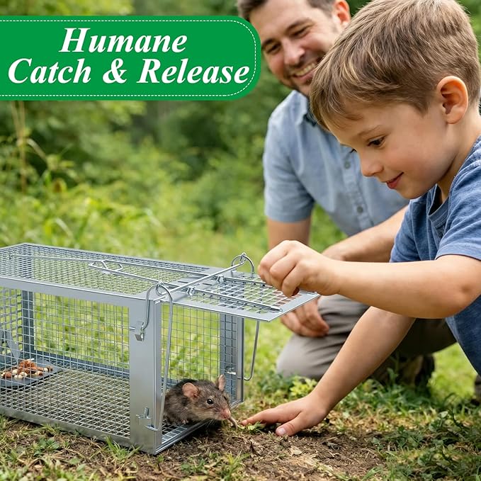 2 Packs Humane Rat Trap Outdoor Wanqueen Humane Mouse Traps Indoor for Home Small Rodent Chipmunk Trap and Other Live Animal Cage Catch and Release