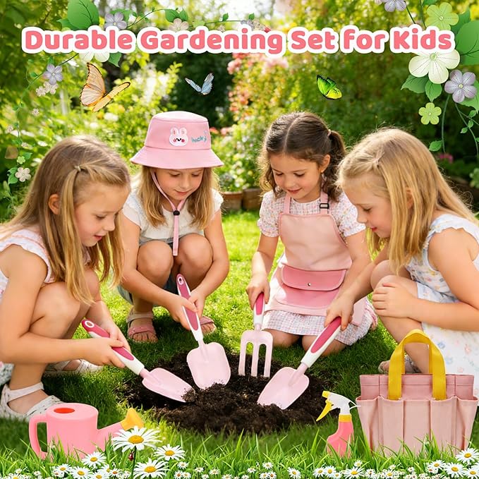 Kids Gardening Tools SetGardening Tools for KidsToddler Gardening Tools with Gloves Watering Can Metal Shovel Rake Spade &amp Storage Bag Garden Book and More Educational STEM Learning for Gir