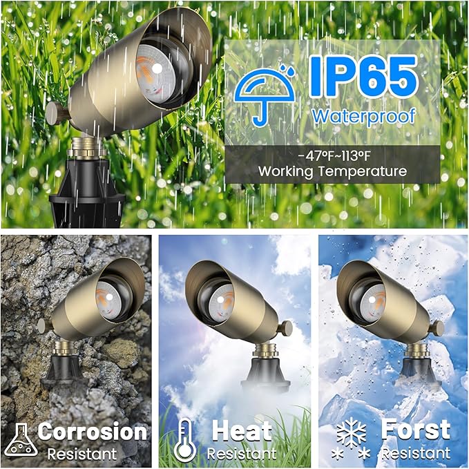 ZONEGRACE Solid Brass Outdoor Uplights &amp Accent Light Fixtures Heavy Duty 12V Low Voltage LED Landscape Lighting Bronze Wired Spotlight for GardenLawnPatio and Yard Without LED Bulb (4 Pack)