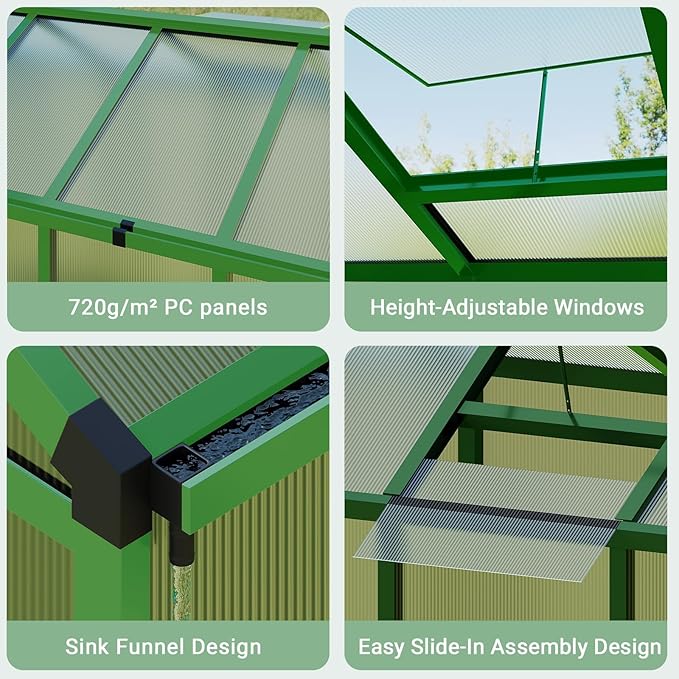 6X8 FT Greenhouse Greenhouses for Outside Aluminum Frame Polycarbonate Panels with Sliding Lockable Door and Ajustable Roof Vent Spacious Walk-in Design for Backyard Garden Patio Green