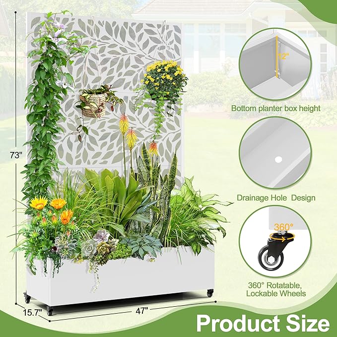 Raised Garden Bed with Trellis and Wheels73x47x16 Metal Raised Garden BedWhite Flowing Leaf-2 Metal Planter with Climbing Trellis for Vines &amp Vegetables