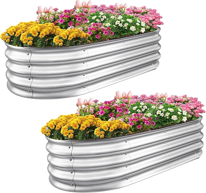 Sponvatt Raised Garden Bed 4x2x1 Ft Galvanized Metal Planter Box (2 Pcs) Large Oval Outdoor Garden Bed Kit for Vegetables Herbs and Flowers Silver