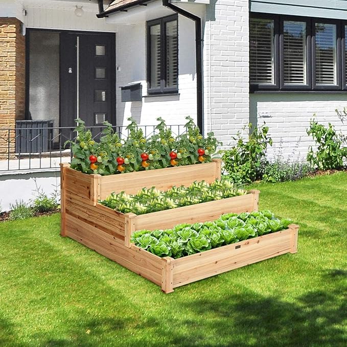 GRAFFY 3-Tier Raised Garden Bed Wood Elevated Planter Box Outdoor Planting Bed for Vegetable Flower Herb Plant Display Container Rack for Grass Lawn Patio Backyard