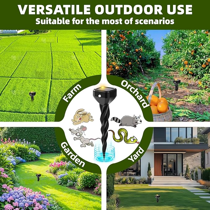 2026 Upgraded Mole &amp Snake &amp Skunk &amp Rabbit Repellent Solar Powered Ultrasonic Deterrent IP65 Waterproof Effective Get Rid of Gopher Raccoon Vole Groundhog Chipmunk for Yard Lawn Garden