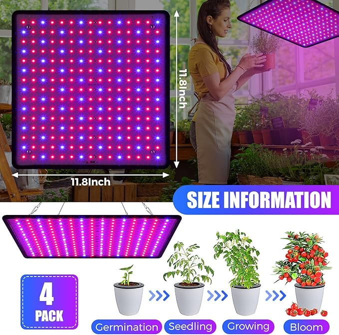 Liliful 4 Pcs Grow Lights Panel 200W Artificial Full Spectrum Grow Lamps with 225 LEDs for Indoor Outdoor Seedling Tent Flowe(Red Blue)