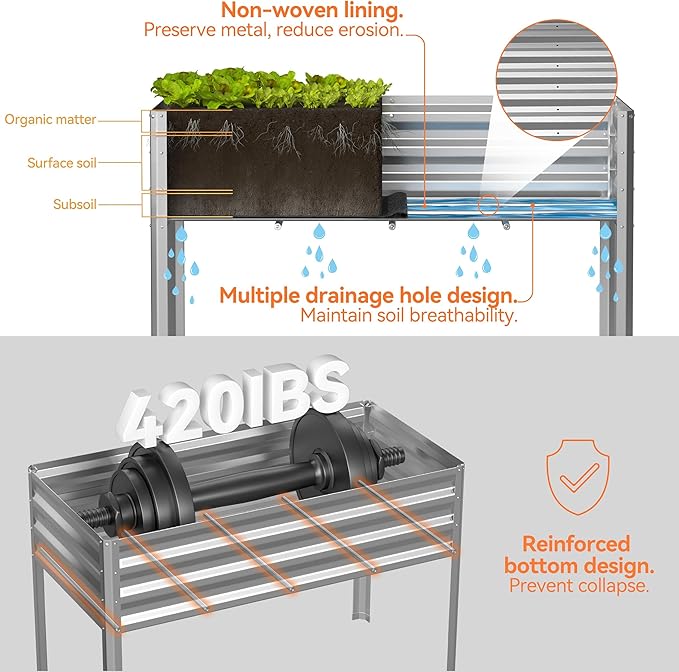 Galvanized Raised Garden Bed with Self-Watering System Elevated Planter Boxes Outdoor with Legs and PE Cover for Vegetables and Flowers Backyard Patio Balcony 48x24x56 in