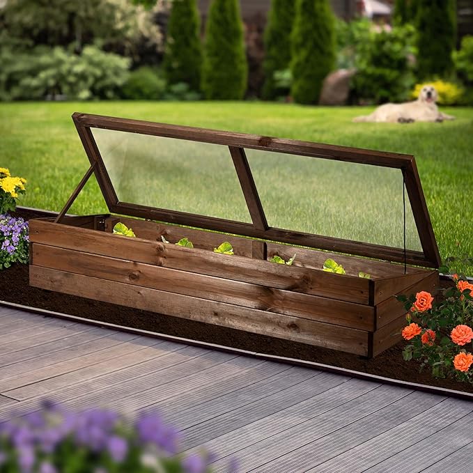 dobar® Wooden Cold Frame Attachment for Raised Beds - Cold Frame Box with Film - 117 x 40 x 26 cm - Dark Brown