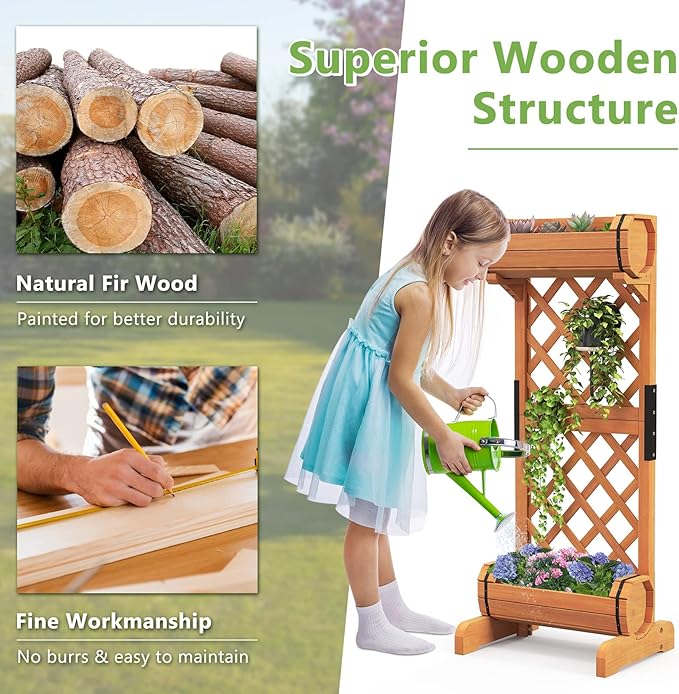HAPPYGRILL Raised Garden Bed with Trellis Removable Planter Boxes with 2-Tier Round Planter Box &amp Lattice Trellis Vertical Wood Raised Flower Bed for Vine Climbing Plants (18 L x 14 W x 44.5