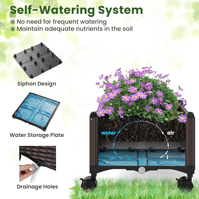 Giantex Set of 2 Raised Garden Bed with Wheels &amp Tomato Cage Self Watering Planter Box with Obelisk Trellis Adjustable Height Indoor Outdoor Planter for Climbing Plant Flower Vegetable Fruit