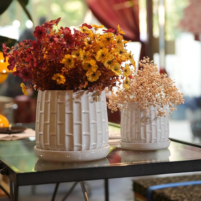 Handmade White Glazed Ceramic Planter Set of 2 6 8 Diameter Like Pattern for Orchids IndoorOutdoor Shelf Table Use Breathable Clay