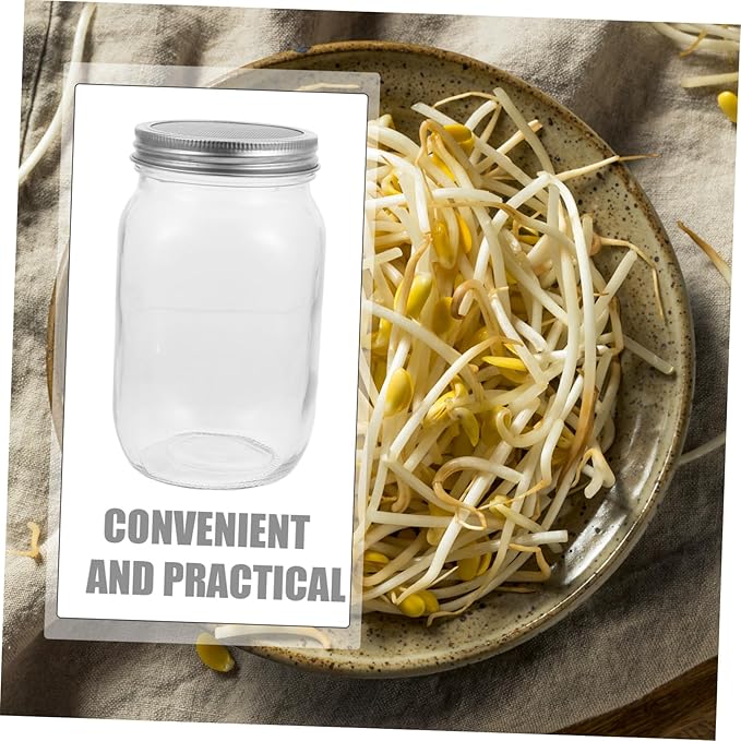 1000ml Mason Glass Sprouting Jar Set with Stainless Steel Filter Lid Portable Wide Mouth Sprout Maker for Home Use Includes Protective Sleeve and Mesh Strainer