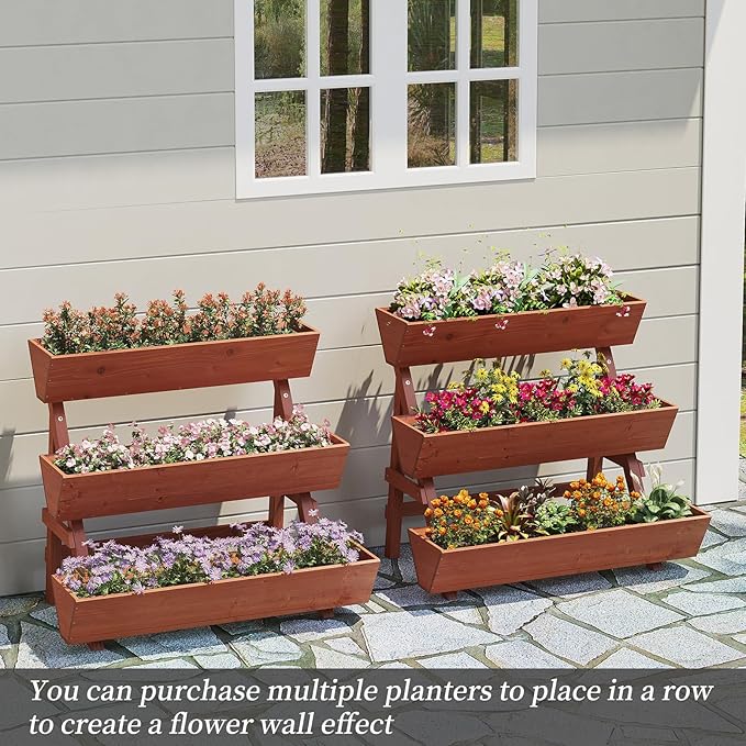 3-Tiers Wooden Raised Garden BedWood Planter Box for VegetableFlower RackFlower Pot StandsIndoor Outdoor Gardening Planting Beds (Brick red Large)