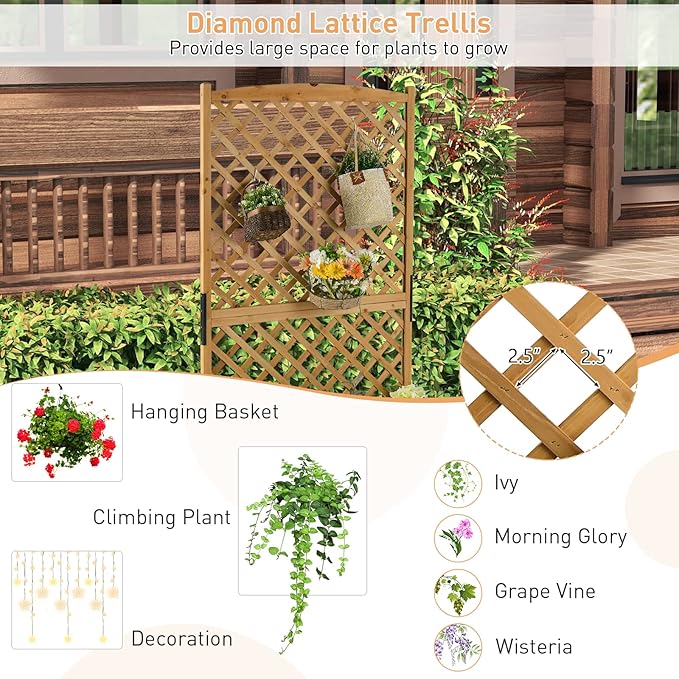Wooden Planter Box with Trellis 71” Freestanding Garden Planter w/Lattice Panel &amp Drainage Holes Indoor &amp Outdoor Raised Garden Bed with Trellis for Vine Climbing Plants (2)