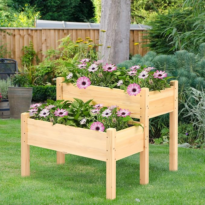 RELAX4LIFE 2-Tier Raised Garden Bed - Fir Wood Garden Elevated Planter Box with Legs 8 Drainage Holes220 Capacity for Growing Vegetable Elevated Garden Bed for Outdoor Yard Patio Balcony (Natural)