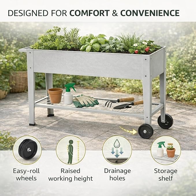 InSideOut Elevated 40 Raised Garden Bed Outdoor with Wheels &amp Shelf for Mobility Metal Planter Box for Vegetables/Herbs Patio-Balcony-Backyard (White)