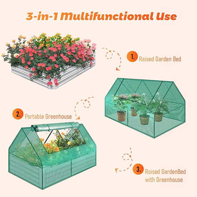 Galvanized Raised Garden Bed Mini Greenhouse Outdoor Raised Garden Planter Box for Vegetable Flower Fruit Metal Planter Garden Box for Garden Yard (49x35x36 in)