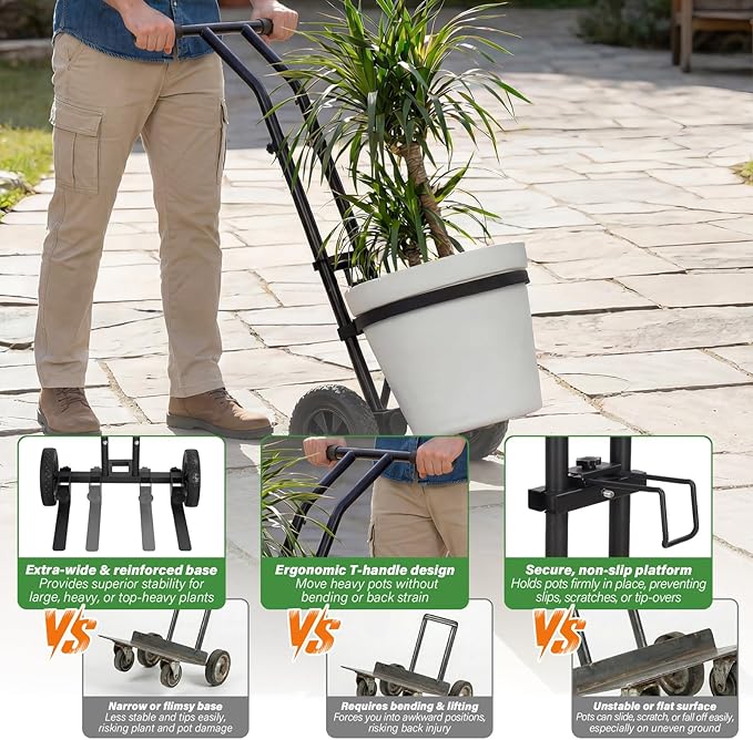 Adjustable Plant Caddy with Wheels Heavy Duty Plant Dolly Cart w/Grab Arm and Strap Dual Protection Garden Potted Plant Mover Dolly for Planter Flower Pots Indoor Outdoor Supports 175lbs Black