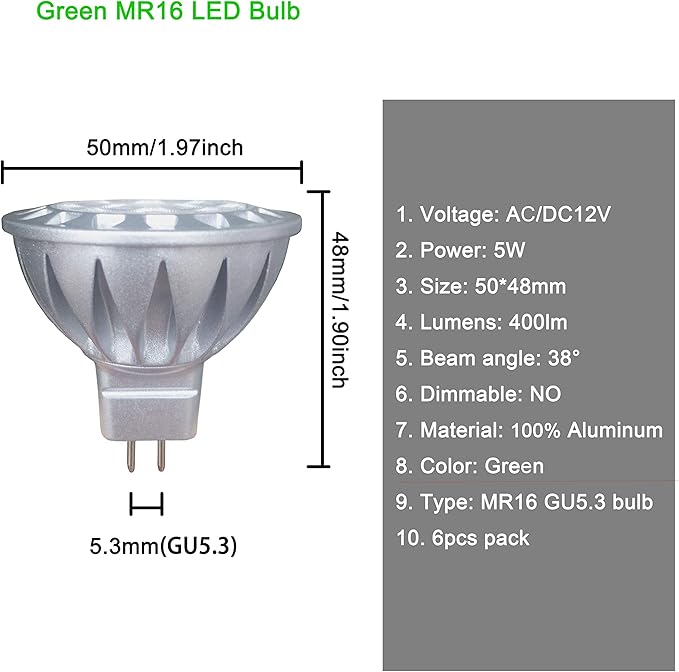 ALIDE MR16 Green Led Bulbs 5W 12VReplace 20W 35W 50W HalogenLow Voltage GU5.3 MR16 Led Green Bulb for Halloween Christmas Outdoor Landscape Yard Tree LightingNot Dimmable38 Deg6 Pack