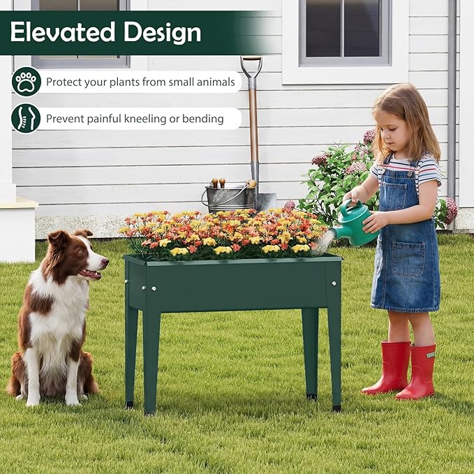 2 Pcs Raised Garden Bed with Legs 24 x 11 x 18 Inch Metal Elevated Planter Box w/Drainage Hole for Flowers Herbs Standing Raised Planter Bed for Indoor Outdoor Balcony Patio Backyard Green