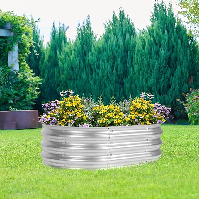 2 Pack 3 x 2 x 1 Ft Galvanized Raised Garden Bed Kit Outdoor Oval Planter Box for Vegetables Flowers Herbs Deep Rooted Silver