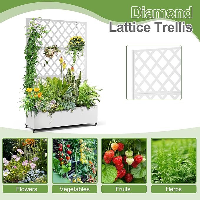 Metal Planter Trellis Box with Wheels &amp Drain Plug Outdoor Raised Garden Bed Patio Privacy Screen with Planter for Climbing Plants Vegetables 73x47x16 White-Diamond