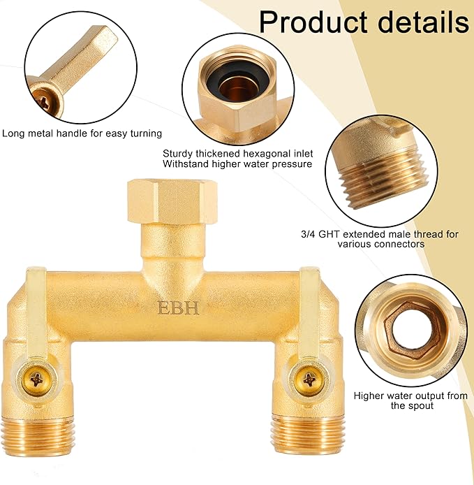 EBH Garden Hose Splitter Full Flow Outdoor Faucet Splitter 2-Way High Flow Brass Heavy Duty Hose Splitter with Long Metal Handle。