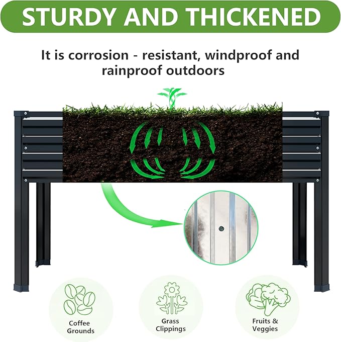 48×24×30in Galvanized Raised Garden BedMetal Elevated Planter Box with Legs for PatioBalconyBackyard300lb CapacityBlack