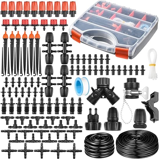 280 Pcs Drip Irrigation Kit 147FT Garden Watering System 1/2 1/4 in Distribution Tubing Hose Automatic Patio Misting System Micro Automatic Drip Irrigation for Plant Garden Greenhouse Patio Lawn
