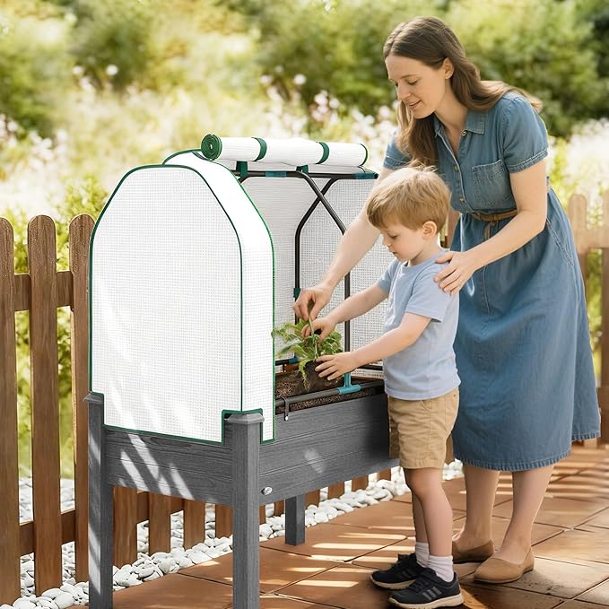 Outsunny Raised Garden Bed with PE Greenhouse Cover Outdoor Elevated Wood Planter Box for Herbs and Vegetables Use for Patio Backyard Balcony 35 x 22 x 47 inch Dark Gray