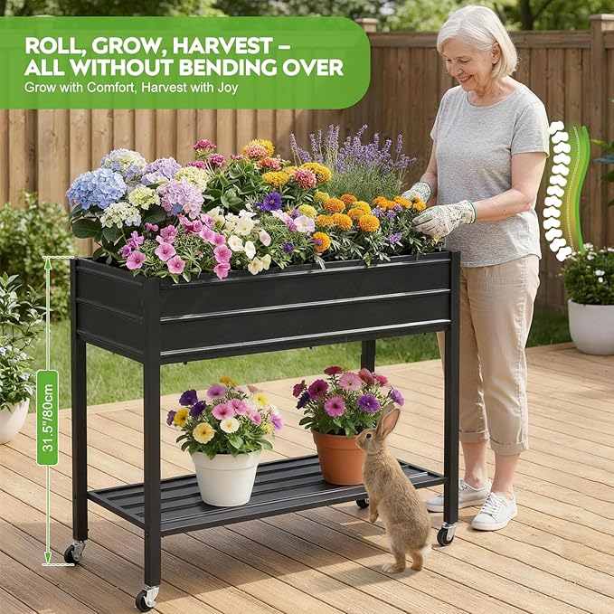 ZORMY 32 Tall Galvanized Raised Garden Bed with Legs Wheels &amp Shelf Elevated Planter Box Outdoor for Vegetables Herbs &amp Flowers Patio &amp Backyard Garden Bed with 400lb CapacityBlack