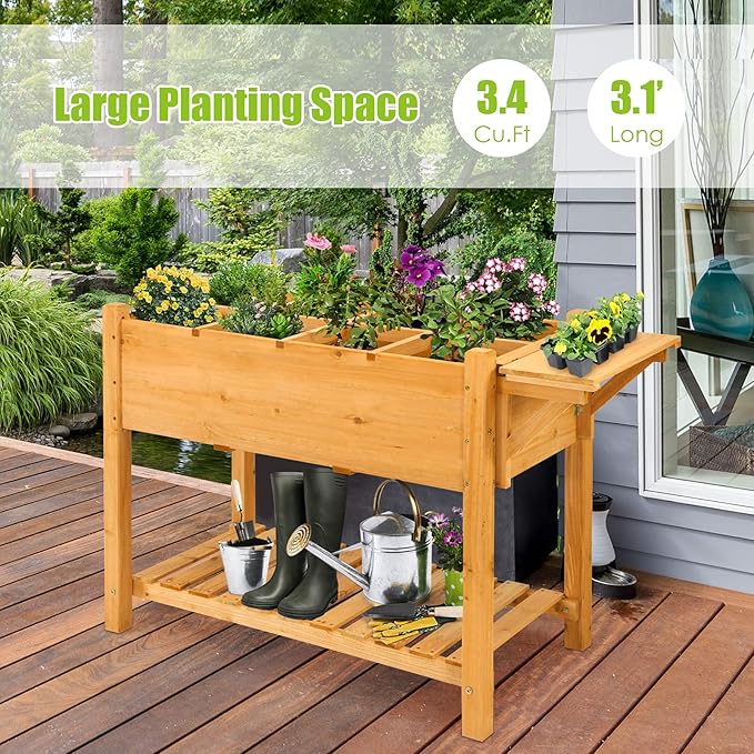 Giantex Planter Raised Bed Elevated Raised Garden Box with 8 Grids and Side Work Table Outdoor Wood Plant Container Backyard Patio (48.5 Lx21 Wx31.5 H)