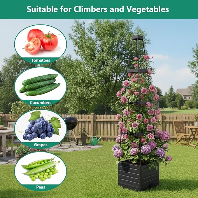 2 Pack Raised Garden Bed Planter Box with Trellis 58”Tomato Planter with Trellis for Climbing Plants Vegetables Vine Flowers Self-Watering Tomato Cage for Garden Patio Outdoor &amp Indoor