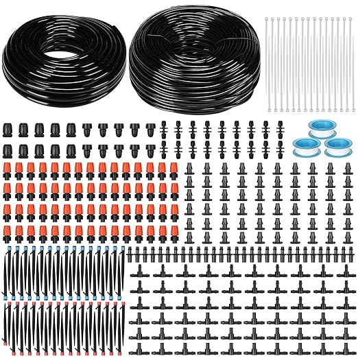 Frienda 590 ft Drip Irrigation System Kit Misting Plant Watering System with 1/4 inch 0.12 inch Irrigation Tubing Hose Adjustable Nozzle Emitters Barbed Fittings for Garden Yard Lawn