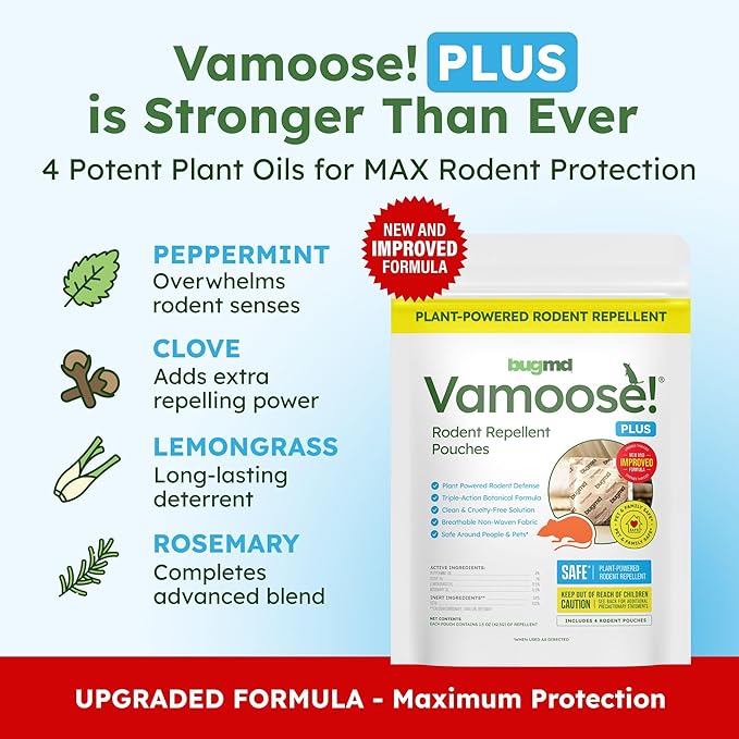 BugMD Vamoose! Plus Peppermint Oil Mouse Repellent Pouches | Natural Mice Repellent Indoor &amp Rat Deterrent for House Garage RV Car &amp Storage | Plant-Powered Rodent Control - 4 Pack - 16 Pou