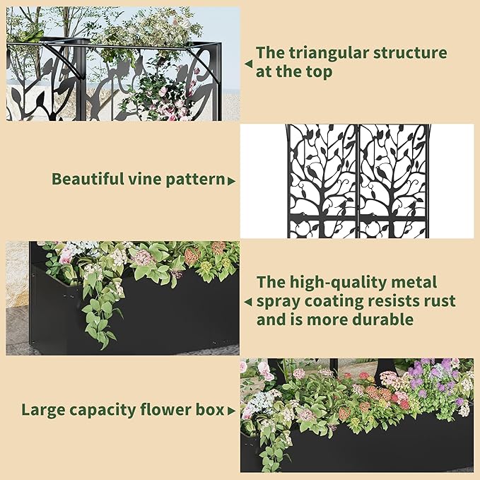Metal Planter Box with Trellis Outdoor Privacy Planters for Patio Tall Raised Garden Bed for Climbing Plants Vegetables Fruits Balcony Outside 62.4 x 12.2 x 44.6 Inch Black