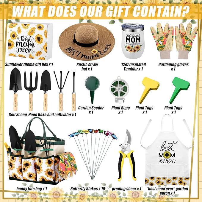 Lasnten 16 Pcs Mothers Day Garden Gift for Mom Women Gardening Supplies Birthday Garden Tools Set from Daughters Gloves Apron Insulation Cup Fork Trowel Tote Bags for Plant Lover Present